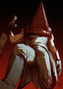 1boy bara blood blood_on_clothes bulge dead_by_daylight feet_out_of_frame foreshortening from_below gradient_background helmet highres horror_(theme) huge_pectorals legs_apart male_focus morebird muscular muscular_male outstretched_leg pyramid_head silent_hill_(series) silent_hill_2 simple_background solo sword thick_thighs thighs weapon