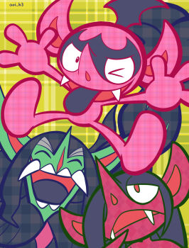 Rule 34 | > o, aoi (comical highway), artist name, closed eyes, colored tongue, commentary request, evolutionary line, fangs, gen 8 pokemon, grimmsnarl, highres, impidimp, long nose, morgrem, nintendo, one eye closed, open mouth, outstretched arms, plaid background, pointy ears, pointy nose, pokemon, pokemon (creature), pokemon focus, purple tongue, red eyes, single wing, smile, spread arms, tongue, tongue out, wings