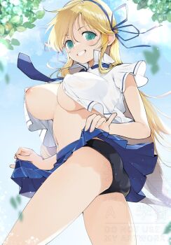 1girl areola_slip ass black_panties blonde_hair blue_hairband blue_necktie blue_ribbon blue_skirt blue_sky blue_trim breasts center_opening clothes_lift collared_shirt commentary_request covered_erect_nipples falling_leaves green_eyes grin hair_ribbon hairband katsuragi_(senran_kagura) kinako_(mzknk0) large_breasts leaf light_blush long_hair looking_at_viewer navel necktie nipples open_clothes open_shirt panties ribbon senran_kagura shirt short_sleeves skirt skirt_lift sky smile solo teeth underwear white_shirt