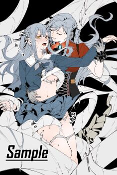 2girls absurdres ascot bang_dream! bang_dream!_it&#039;s_mygo!!!!! bite_mark bite_mark_on_thigh black_ascot black_corset black_gloves blue_hair blue_shirt blue_skirt breasts chibi closed_eyes commentary_request corset dual_persona gloves haoxiangkan_nutong highres large_breasts long_hair multiple_girls nipple_slip nipples oblivionis_(bang_dream!) open_clothes open_mouth open_shirt purple_eyes red_shirt school_uniform selfcest shirt sidelocks skirt sweat tentacles togawa_sakiko tsukinomori_school_uniform yellow_eyes yuri