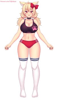 1girl ahoge animal_ears black_nails black_sports_bra blonde_hair blush bow breasts buruma cat_ears cat_girl choker cleavage collarbone fangs hair_bow highres indie_virtual_youtuber large_breasts long_hair looking_at_viewer low_twintails multicolored_hair navel nottytiffy open_mouth original paw_print print_sports_bra red_bow red_buruma red_eyes red_hair slit_pupils smile spiked_choker spikes sports_bra standing streaked_hair thighhighs tiffy_(nottytiffy) twintails virtual_youtuber white_background white_thighhighs