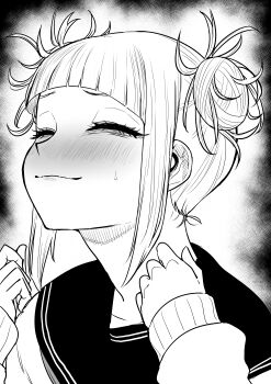 1girl absurdres blunt_bangs blush boku_no_hero_academia cardigan closed_eyes closed_mouth commentary_request double_bun greyscale hair_bun hands_up highres kaiman_garupan long_sleeves messy_hair monochrome nose_blush portrait sailor_collar short_hair smile solo sweatdrop toga_himiko white_background