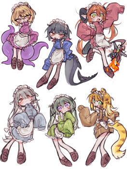 6+girls alexandrina_sebastiane alternate_costume animal_ears apron black_hair blonde_hair blush brown_shoes commentary_request corin_wickes cowlick deformed dragon_girl dragon_horns ellen_joe enmaided fins fish_tail full_body green_eyes green_hair grey_hair highres horns jersey_maid ju_fufu loafers magus_(zenless_zone_zero) maid maid_apron maid_headdress multiple_girls orange_hair orphie_magnusson pointy_ears purple_eyes red_eyes red_pupils shark_girl shark_tail shoes siiaka023 simple_background sleeves_past_fingers sleeves_past_wrists tail tentacle_girl tentacle_tail tiger_ears tiger_girl tiger_tail twintails unconventional_maid white_apron white_background white_headdress yellow_eyes yidhari_murphy zenless_zone_zero