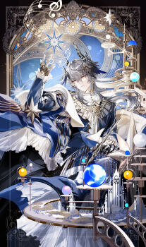 1boy absurdres arknights black_border black_gloves black_horns black_jacket black_pants blue_background blue_robe border chinese_commentary closed_mouth commentary_request dated earrings facing_to_the_side feet_out_of_frame frilled_jacket frilled_sleeves frills gears gloves gold_earrings gold_necklace grey_hair hair_between_eyes half_gloves hand_up head_wings highres holding holding_pen horns jacket jellyfish_cut jewelry light_smile logos_(arknights) logos_(radiant_serenity)_(arknights) long_hair long_sleeves male_focus model_building mole mole_under_eye musical_note musical_staff necklace nib_pen_(object) nnnnnova off_shoulder official_alternate_costume open_clothes open_robe ornate_border pants pen planet pointy_ears procreate_(medium) red_eyes robe rose_window shirt sitting solo star_(symbol) tower turtleneck turtleneck_shirt upturned_eyes white_shirt wings