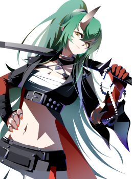 Rule 34 | 1girl, absurdres, arknights, beads, belt, belt buckle, black belt, breasts, buckle, chest belt, chest sarashi, cleavage, closed mouth, commentary, crop top, english commentary, eyeliner, green hair, hair between eyes, hand on own hip, highres, holding, holding sword, holding weapon, horns, hoshiguma (arknights), hoshiguma the breacher (arknights), light smile, long hair, looking at viewer, makeup, medium breasts, midriff, navel, orange eyeliner, over shoulder, sarashi, single horn, skin-covered horns, solo, sword, weapon, weapon over shoulder, yellow eyes, yiban luguo no xing yu ku
