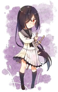 Rule 34 | 1girl, artist name, ayanokouji martial arts school uniform, black hair, black neckerchief, black socks, blush, chibi, closed mouth, commentary request, dated, frown, full body, grey sailor collar, hair over one eye, highres, holding, holding sword, holding weapon, katana, kneehighs, kumin (6939359), long hair, long sleeves, looking at viewer, neckerchief, one eye covered, origami yukari, pleated skirt, red eyes, sailor collar, school uniform, shirt, skirt, socks, solo, standing, sword, toji no miko, twitter username, very long hair, weapon, white shirt, white skirt, winter uniform