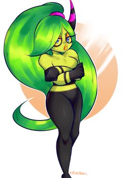 Rule 34 | 1girl, 2020, alternate hairstyle, annoyed, arms up, artist name, black skin, blue eyes, breasts, closed mouth, colored sclera, colored skin, commentary, crossed arms, english commentary, eyeshadow, feet, feet out of frame, female focus, frown, green hair, green skin, grin, horns, long hair, makeup, medium breasts, monster girl, no nipples, no nose, numypome2, oni, parted bangs, pink nails, pink scrunchie, purple trim, scrunchie, sega, simple background, single horn, smile, solo, sonic (series), sonic lost world, standing, tail, thick lips, thick thighs, thighs, very long hair, yellow eyeshadow, yellow lips, yellow sclera, zeena