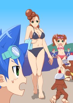 2girls 3boys absurdres akie_(saru_getchu) armpits arms_behind_head beach bikini blue_bikini blue_hair blush breasts brown_hair cleavage feet green_eyes hair_ribbon highres hikaru_(saru_getchu) kakeru_(saru_getchu) large_breasts legs mature_female monkey multiple_boys multiple_girls navel ocean open_mouth pink_bikini pipo_monkey pointy_hair red_hair ribbon saru_getchu satoru_(saru_getchu) sayaka_(saru_getchu) shorts smile sony sunglasses sweatdrop swimsuit thighs twintails water