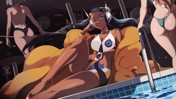 3girls absurdres arm_support ass backless_swimsuit bare_arms bare_shoulders bea_(pokemon) bikini black_hair blue_eyes blue_eyeshadow blue_hair blue_nails breasts coat commentary cosplay crop_top dark-skinned_female dark_skin dutch_angle elesa_(pokemon) elesa_(pokemon)_(cosplay) eyeshadow fingernails floating_hair foot_out_of_frame fur_coat gen_2_pokemon gen_3_pokemon gold_shoes green_bikini grey_hair hair_ornament headphones heart heart_hair_ornament highres large_breasts long_hair long_sleeves looking_at_viewer makeup mudkip multicolored_hair multiple_girls nail_polish nessa_(pokemon) nintendo off_shoulder one-piece_swimsuit open_mouth orange_hair parted_lips pokemon pokemon_(creature) pokemon_bw2 pokemon_swsh poolside puffy_long_sleeves puffy_sleeves quagsire shoes short_hair shorts sitting skindentation solo_focus sonia_(pokemon) swimsuit two-tone_hair very_long_hair vivivoovoo water yellow_coat yokozuwari
