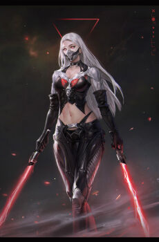 1girl breasts cleavage commentary dual_wielding elbow_gloves energy_sword english_commentary feet_out_of_frame gloves highres holding holding_sword holding_weapon large_breasts lightsaber long_sleeves mask mouth_mask navel original red_eyes red_lightsaber simple_background sith solo star_wars sword weapon whata white_hair