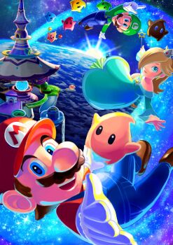 1girl 2boys absurdres animal blonde_hair blue_eyes brown_hair comet_observatory creature dress earth_(planet) floating hat highres hungry_luma_(super_mario_galaxy) long_hair luigi luma luma_(mario) mario mario_(series) multiple_boys nintendo one_eye_covered overalls planet polari_(super_mario_galaxy) rosalina smile space star_(sky) sun super_mario_galaxy wand yuuma_rimi