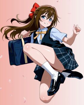 1girl absurdres bag black_shoes blue_eyes blue_shirt blue_vest blush bow brown_hair commentary_request gradient_background grin hair_between_eyes hair_bow highres loafers long_hair looking_at_viewer love_live! love_live!_nijigasaki_high_school_idol_club nijigasaki_school_uniform osaka_shizuku pink_background red_bow school_bag school_uniform shirt shoes short_sleeves sidelocks smile socks solo thighs vest white_socks zaofeng