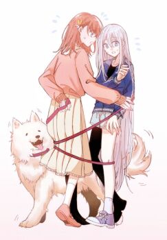 2girls animal animal_collar bell blue_eyes blue_jacket blue_shoes blue_shorts brown_cardigan brown_hair brown_shoes cardigan collar collarbone commentary daikon_daikon dog drawstring entangled flower flying_sweatdrops full_body grey_eyes grey_hair hair_behind_ear hair_between_eyes hair_flower hair_ornament hanasato_minori hand_up holding holding_leash jacket leash long_hair long_sidelocks long_skirt long_sleeves medium_hair multiple_girls neck_bell open_mouth partially_unzipped pleated_skirt project_sekai samoyed_(dog) shirt shoes shorts sidelocks simple_background skirt sleeves_past_wrists socks standing sweat symbol-only_commentary tail tail_wagging track_jacket very_long_hair white_background white_socks yellow_skirt yoisaki_kanade