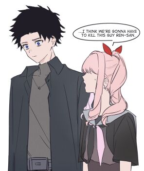 Rule 34 | 1boy, 1other, akiyama mizuki, akiyama ren, androgynous, black hair, closed mouth, collared shirt, commentary, crossover, english text, grey sweater, highres, jewelry, kamen rider, kamen rider ryuki (series), long hair, neckerchief, necklace, p (puddingummy), pink hair, ponytail, project sekai, rider belt, sailor collar, shirt, short hair, simple background, speech bubble, sweater, turtleneck, turtleneck sweater, upper body, v buckle, white background