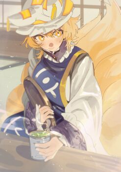 1girl absurdres animal_hat blonde_hair blue_tabard closed_mouth commentary_request cup dress fox_tail green_tea hat highres holding holding_cup kitsune long_sleeves looking_at_viewer mob_cap multiple_tails shi_chimi smile solo steam tabard tail tea touhou white_dress wide_sleeves yakumo_ran yellow_eyes yunomi