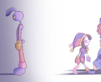 1boy 2girls amber_kooky_art animal_ears asymmetrical_footwear asymmetrical_gloves blue_dress blue_gloves blue_hat blue_shoes brown_hair colored_sclera colored_skin commentary dress english_commentary furry furry_male gloves hat highres jax_(the_amazing_digital_circus) jester_cap mismatched_footwear mismatched_gloves multiple_girls open_mouth overalls pink_overalls pomni_(the_amazing_digital_circus) rabbit_boy rabbit_ears ragatha_(the_amazing_digital_circus) red_gloves red_hair red_hat red_shoes shadow shoes short_hair the_amazing_digital_circus two-tone_hat walking white_background white_skin yellow_gloves yellow_sclera