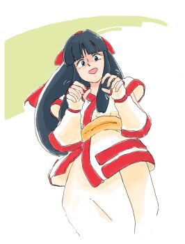 1girl ainu_clothes black_eyes black_hair breasts fingerless_gloves from_below gloves hair_ribbon highres legs long_hair looking_at_viewer nakoruru open_mouth pants ribbon samurai_spirits shaded_face small_breasts smile snk solo the_king_of_fighters thighs tongue
