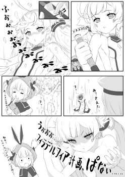 3girls ahoge azur_lane censored_nipples collarbone comic commentary_request convenient_censoring eldridge_(azur_lane) enterprise_(azur_lane) facial_tattoo flat_chest greyscale hair_ornament hairclip hat highres hood long_hair monochrome multiple_girls necktie norfolk_(azur_lane) nude peaked_cap switch tattoo teleportation translation_request twintails yagitori