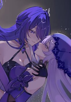 2girls acheron_(honkai:_star_rail) bare_shoulders black_gloves black_swan_(honkai:_star_rail) breasts choker cleavage detached_sleeves dress elbow_gloves fold-over_gloves gloves hair_ornament hair_over_one_eye hair_spread_out highres honkai:_star_rail honkai_(series) hooded_leotard jewelry large_breasts long_hair multiple_girls nukoxx_02 purple_dress purple_eyes purple_gloves purple_hair purple_sleeves purple_veil simple_background single_wide_sleeve smile veil very_long_hair yellow_eyes yuri