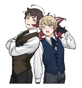2boys ahoge axis_powers_hetalia blonde_hair blush brothers brown_hair collared_shirt dragon dragon_on_shoulder gloves green_eyes highres huge_ahoge long_sleeves looking_at_viewer mi_aph_to multiple_boys necktie open_mouth scotland_(hetalia) shirt siblings simple_background small_dragon smile sweatdrop thick_eyebrows vest wales_(hetalia) white_background