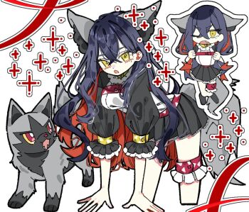 1girl :d :o alternate_costume animal_ears black_fur black_hair black_skirt black_sleeves breasts bright_pupils carmine_(pokemon) chibi chibi_inset colored_inner_hair colored_sclera crossed_bangs dog_ears dog_girl dog_tail fangs gen_3_pokemon grey_fur hair_between_eyes ino_climate legband long_hair long_sleeves looking_at_viewer mole mole_under_eye multicolored_hair multiple_views nintendo open_mouth pokemon pokemon_(creature) pokemon_sv poochyena puffy_long_sleeves puffy_sleeves red_eyes red_hair red_ribbon ribbon shirt simple_background skirt smile standing tail two-tone_fur two-tone_hair upper_body white_background white_pupils white_shirt yellow_eyes yellow_sclera