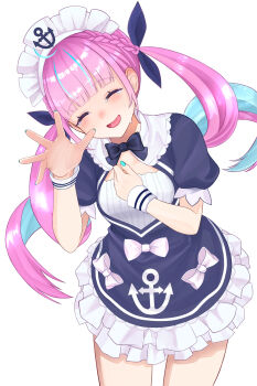 1girl absurdres blue_bow blue_dress blue_hair blue_nails bow closed_eyes commentary_request dress frilled_dress frills hair_bow highres hololive hrk_itoshi long_hair maid_headdress minato_aqua minato_aqua_(1st_costume) multicolored_hair nail_polish open_mouth pink_hair purple_eyes smile solo twintails two-tone_hair virtual_youtuber white_background