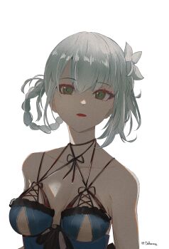 Rule 34 | 1girl, absurdres, artist name, bare shoulders, blue negligee, braid, braided hair rings, breasts, brown eyes, cleavage, closed mouth, collarbone, datharuss, flower, grey hair, hair between eyes, hair flower, hair ornament, hair rings, hashtag-only commentary, highres, kaine (nier), lingerie, looking at viewer, negligee, nier (series), red lips, solo, underboob, underwear, upper body, white background, white flower