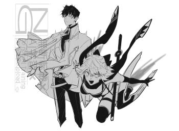 1boy 1girl absurdres ahoge belt bikini breasts closed_mouth commentary fate/grand_order fate_(series) flying high_collar highres itou_kashitarou_(fate) jacket katana looking_at_viewer lower_teeth_only monochrome necktie okita_j._souji_(fate) okita_j._souji_(first_ascension)_(fate) okita_souji_(fate) open_mouth scarf sheath sheathed short_hair sketch small_breasts smile swimsuit sword symbol-only_commentary teeth thigh_strap twitter_username u_5ham0 weapon