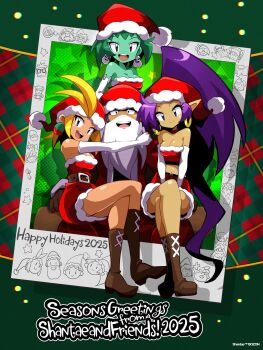 1girl 3girls bandeau big_hair blonde_hair blue_eyes bolo_(shantae) boots breasts brown_boots christmas cleavage colored_skin commentary crossed_legs dark-skinned_female dark_skin dress earrings elbow_gloves english_commentary fur_trim gloves green_hair green_skin hat highres hoop_earrings jewelry long_hair matt_bozon medium_breasts midriff multiple_girls open_mouth outside_border pointy_ears ponytail purple_eyes purple_hair red_eyes rottytops santa_costume santa_dress santa_hat shantae shantae_(series) short_hair sitting skirt skull_earrings sky_(shantae) smile stitches very_long_hair white_beard white_gloves zombie