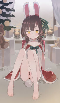 1girl anal_beads anal_tail animal_ears bar_censor barefoot biyobiyo bow butt_plug cape censored christmas closed_mouth clothing_request commentary_request fake_animal_ears fake_tail flat_chest green_bow hair_bow half-closed_eyes highres indoors loli medium_hair no_panties no_pants original rabbit_ears rabbit_tail red_cape solo tail underwear white_tail yellow_eyes