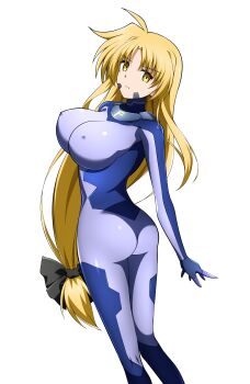 1girl absurdres ass blonde_hair blue_bodysuit blush bodysuit breasts closed_mouth fate_testarossa from_behind hair_ribbon highres large_breasts long_hair looking_at_viewer lyrical_nanoha magical_girl mahou_shoujo_lyrical_nanoha_strikers military_uniform numbers&#039;_uniform oshimaru026 ponytail ribbon simple_background solo white_background yellow_eyes