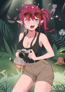 +_+ 1girl absurdres alternate_costume alternate_hairstyle belt black_belt black_tank_top blue_eyes breasts brown_shorts camera charmander cleavage commentary ditto earrings electrode_(pokemon) gen_1_pokemon gengar guyrys halo heterochromia high-waist_shorts highres holding holding_camera hololive hololive_english irys_(hololive) jewelry large_breasts legendary_pokemon long_hair mew_(pokemon) mythical_pokemon nintendo open_mouth pikachu pointy_ears pokemon pokemon_(creature) red_eyes red_hair shift_(shiftillust) short_shorts shorts side_ponytail tank_top teeth thighs upper_teeth_only virtual_youtuber
