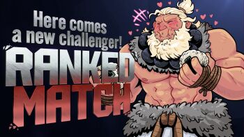 1boy abs akuma_(street_fighter) bara bead_necklace beads beard blush cheek_bulge cowboy_shot dougi eating english_text facial_hair food full_beard happy heart high_ponytail highres jewelry large_pectorals laughing long_beard loving_aura male_focus mature_male muscular muscular_male necklace nipples onigiri pectorals ponytail solo standing street_fighter street_fighter_6 street_fighter_6_new_challenger_art_contest strongman_waist thick_beard thick_eyebrows topless_male yonson_carbonell