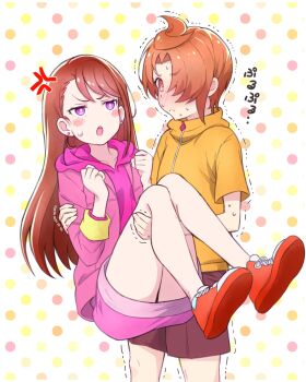 1boy 1girl @_@ anger_vein asymmetrical_bangs black_shorts carrying closed_mouth commentary earrings frown glaring hair_over_one_eye half-closed_eyes hetero highres hijiri_ageha hirogaru_sky!_precure hood hood_down hoodie jacket jewelry kyoutsuugengo long_hair long_hoodie long_sleeves looking_at_another no_socks open_clothes open_jacket open_mouth orange_hair pink_hoodie pink_jacket polka_dot polka_dot_background precure princess_carry purple_eyes red_eyes red_shoes shirt shoes short_hair short_sleeves shorts sneakers stud_earrings sweat sweatdrop translated trembling yellow_shirt yuunagi_tsubasa