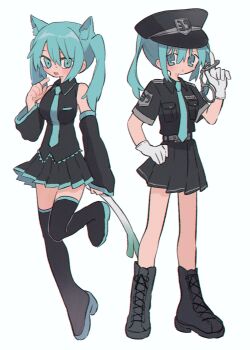 Rule 34 | 1girl, 39, :d, animal ear fluff, animal ears, bare shoulders, black boots, black hat, black shirt, black skirt, blue eyes, blue hair, blue necktie, boots, breasts, cat ears, cat girl, closed mouth, collared shirt, cuffs, detached sleeves, food, full body, gloves, grey background, hair between eyes, handcuffs, hat, hatsune miku, highres, holding, holding food, holding spring onion, holding vegetable, kemonomimi mode, lace-up boots, long hair, long sleeves, looking at viewer, medium breasts, miniskirt, multiple views, necktie, open mouth, pleated skirt, ri (qrcode), shirt, short sleeves, sidelocks, simple background, skirt, sleeveless, sleeveless shirt, smile, spring onion, standing, standing on one leg, sweatdrop, thigh boots, thighhighs, twintails, vegetable, vocaloid, white gloves, wide sleeves, zettai ryouiki