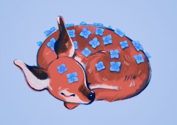 animal animal_focus baby_animal blue_background blue_flower blue_theme brown_fur closed_eyes closed_mouth commentary curled_up deer ears_up english_commentary fawn flower full_body highres hydrangea lying meyoco no_humans original pastel_colors simple_background sleeping sleeping_animal