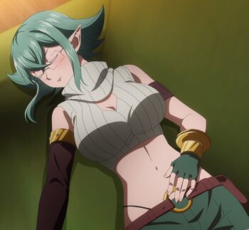 1girl breasts cleavage cleavage_cutout closed_eyes clothing_cutout couch elf glasses green_hair hand_on_own_stomach highres large_breasts legs lying navel pink_lips pointy_ears salaryman_ga_isekai_ni_ittara_shitennou_ni_natta_hanashi short_hair shorts sleeping solo stitched sylphid_(salaryman_ga_isekai_ni_ittara_shitennou_ni_natta_hanashi) thighs third-party_edit thong whale_tail_(clothing)