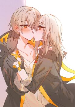 Rule 34 | 1boy, 1girl, against wall, arm ribbon, black coat, black gloves, black jacket, black skirt, blush, breasts, caelus (honkai: star rail), coat, collarbone, commentary request, cowboy shot, dual persona, from behind, gloves, grey hair, hair between eyes, hand up, hetero, highres, holding another's wrist, honkai: star rail, honkai (series), hood, hooded coat, jacket, kinona, kiss, lapels, long hair, long sleeves, looking at another, medium breasts, no mouth, open clothes, open coat, open jacket, orange eyes, ribbon, selfcest, shirt, short hair, sidelocks, simple background, skirt, standing, stelle (honkai: star rail), t-shirt, trailblazer (honkai: star rail), two-sided coat, two-sided fabric, white background, white shirt, yellow coat, yellow eyes