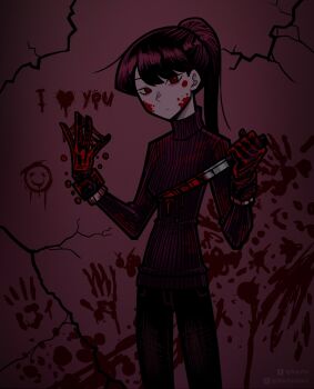 1girl absurdres bisotin_(bisobisobro) black_gloves black_hair black_pants black_sweater blood blood_on_clothes blood_on_face bloody_weapon closed_mouth crack cracked_wall gloves highres holding holding_knife knife komi-san_wa_komyushou_desu komi_shouko long_hair looking_at_viewer pants ponytail red_eyes solo sweater turtleneck turtleneck_sweater weapon yandere