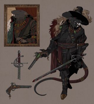 1boy black_footwear black_gloves black_pants black_shirt blood blood_on_clothes boots brooch earrings elbow_gloves fangs fantasy full_body fur_trim gem gloves green_gemstone gun hat_feather highres holding holding_gun holding_sword holding_weapon jewelry juliet_sleeves knee_boots long_sleeves mouse_(animal) multiple_earrings multiple_rings necklace open_mouth pants portrait_(object) puffy_sleeves rat_boy red_eyes red_sash ring sallllltywater sash sharp_teeth shirt skaven smile sword tail tail_ornament teeth vampire warhammer_fantasy weapon