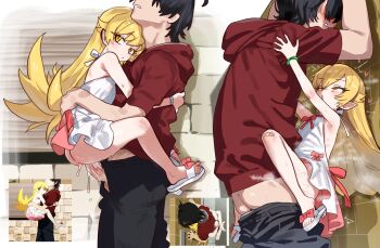 1boy 1girl absurdres against_wall age_difference anime_screenshot_inset araragi_koyomi armpits bakemonogatari black_hair black_pants blonde_hair clothed_sex dress ebora flat_chest hetero highres hood hoodie loli long_hair monogatari_(series) multiple_views open_mouth oshino_shinobu pants perversion_of_canon pointy_ears red_hoodie red_ribbon reference_inset ribbon sandals scene_reference screenshot_inset sex short_dress sleeveless sleeveless_dress sundress vampire white_dress yellow_eyes