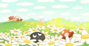 2boys blush_stickers bug butterfly closed_eyes cloud cloudy_sky daisy_(flower) flower gooey_(kirby) grass insect kirby kirby&#039;s_dream_land_3 kirby_(series) looking_up mountainous_horizon multiple_boys mushroom nintendo open_mouth outdoors pokka730 sitting sky smile triangle_mouth
