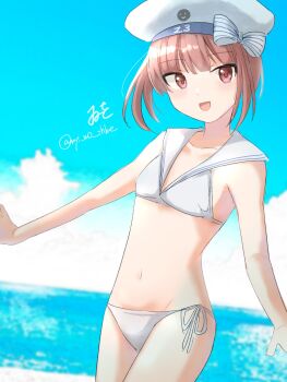1girl artist_name bikini blue_sky brown_eyes brown_hair cloud cowboy_shot day hat highres horizon kantai_collection looking_at_viewer lowleg lowleg_bikini one-hour_drawing_challenge outdoors sailor_bikini sailor_collar sailor_hat short_hair side-tie_bikini_bottom sky smile smiley_face solo standing swimsuit twitter_username white_bikini white_hat wiwo z3_max_schultz_(kancolle) z3_max_schultz_(swimsuit)_(kancolle)