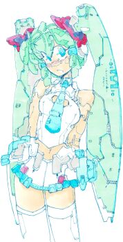 1girl android aqua_hair blue_eyes blue_necktie breasts cleavage_cutout clothing_cutout commentary hashtag-only_commentary hatsune_miku highres mechanization metal_hair midriff_peek navel necktie shirt simple_background skirt sleeveless sleeveless_shirt small_breasts solo tenkiame_(qwm04lnaymk2a7e) thighhighs vocaloid white_background white_shirt white_skirt white_thighhighs