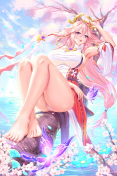 1girl absurdres animal_ears armpits bare_legs barefoot blouse breasts bug butterfly cherry_blossoms detached_sleeves feet flower genshin_impact highres huge_breasts in_tree insect japanese_clothes kimono long_hair looking_at_viewer pafekui pink_hair purple_eyes shirt short_kimono sitting sitting_in_tree sleeveless sleeveless_shirt smile thighs tree water white_shirt yae_miko