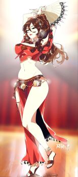 1girl breasts cleavage earrings highres jewelry large_breasts long_hair midriff navel octopath_traveler primrose_azelhart r3dfive solo