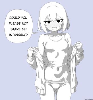 1girl bare_shoulders blue_background blush bob_cut breasts collarbone covered_navel cowboy_shot dot_nose double-parted_bangs gluteal_fold hair_between_eyes hood hoodie lineart looking_at_viewer monochrome nose_blush old_school_swimsuit one-piece_swimsuit open_clothes open_hoodie original pixel_art school_swimsuit short_hair simple_background small_breasts solo soulfull_sequoia speech_bubble sweat swimsuit thighs twitter_username