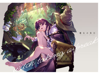 1girl barefoot commentary_request cup english_text essual_(layer_world) floating hair_between_eyes hat jewelry levitation long_hair open_mouth original purple_eyes purple_hair ring sitting solo teacup unworn_headwear witch witch_hat