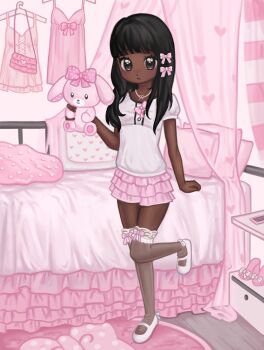 1girl artist_self-insert bag bed bedroom black_hair blanket blunt_bangs bow cellphone clothes_hanger curtains dark-skinned_female dark_skin dress eyelashes frilled_blanket frilled_skirt frills hair_bow highres himekaji holding holding_stuffed_toy jewelry lace lace-trimmed_thighhighs lace_trim long_hair mary_janes necklace original phone pillow rug see-through_clothes see-through_legwear see-through_thighhighs sh1noart shirt shoes shoulder_bag skirt smartphone stuffed_animal stuffed_rabbit stuffed_toy thighhighs very_dark_skin wedge_heels white_shirt zettai_ryouiki