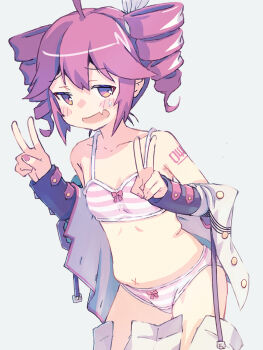 1girl ahoge akayama_yukihe bare_shoulders blush blush_stickers bow bow_bra bow_panties bra clothes_pull collarbone commentary double_v drill_hair fang flat_chest highres jacket kasane_teto kasane_teto_(sv) leaning_forward medium_hair nail_polish navel open_clothes open_jacket open_mouth panties purple_hair purple_nails red_eyes sidelocks simple_background skirt skirt_pull sleeves_past_wrists solo striped_bra striped_clothes striped_panties sweat synthesizer_v twin_drills twintails underwear utau v